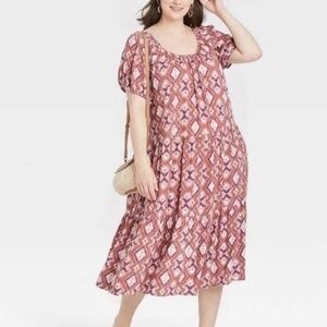 Knox Rose Women's L Brown Cognac Puff Short Sleeve Tiered A-Line Midi Dress